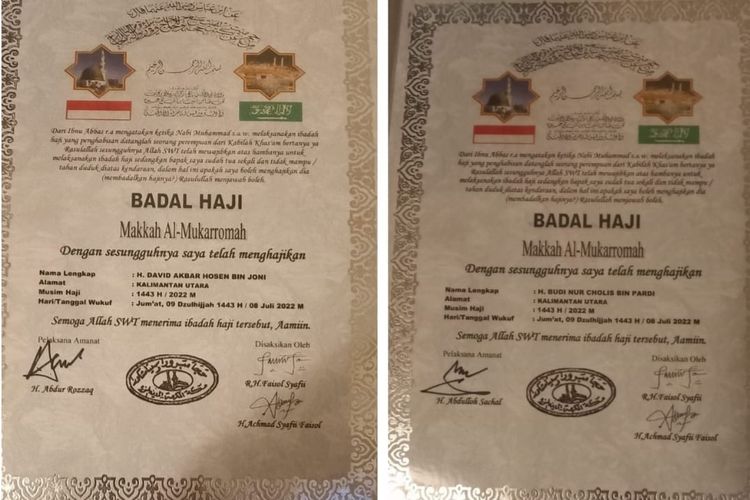 Sertifikat badal haji milik dua prajurit Satgas Pamtas RI Malaysia Yonif 600/Modang yang gugur saat bertugas membantu suplay air bersih bagi kafilah MTQ di Pulau Sebatik Nunukan Kaltara