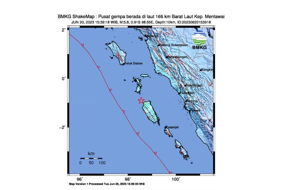 Gempa bumi mengguncang Kepulauan Mentawai Sumatera Barat, Selasa (20/6/2023). Analisis BMKG menunjukkan, Gempa Mentawai berkekuatan M 5,8 tidak berpotensi tsunami.