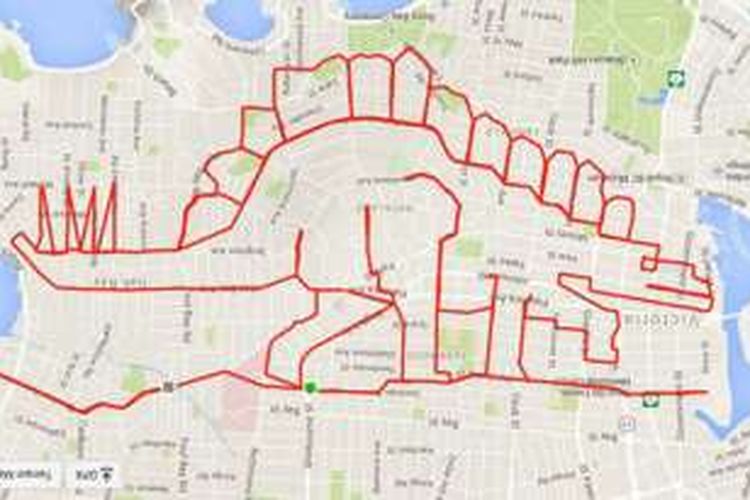 Salah satu gambar dinosaurus yang dibuat Lund dengan trackrecord GPS nya saat mengelilingi Kota Victoria.