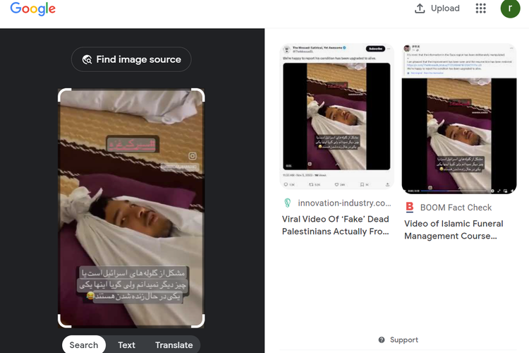 Tangkapan layar pencarian gambar di Google Lens, mengarahkan ke dua artikel cek fakta soal video latihan penanganan jenazah di sebuah institusi di Malaysia.