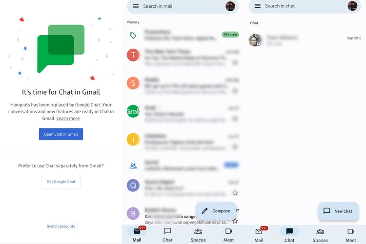 Ilustrasi laman ajakan Google di aplikasi Hangouts untuk beralih ke Google Chat atau Gmail.