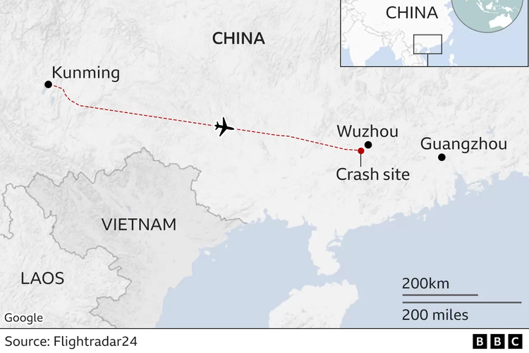 Denah lokasi kecelakaan pesawat China Eastern jatuh. Sumber: FlightRadar24