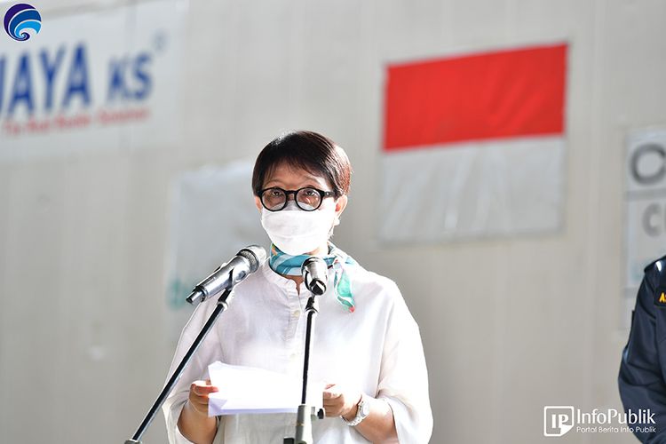 A file photo of Indonesia's Foreign Minister Retno Marsudi upon the arrival of the AstraZeneca Covid-19 vaccine under the COVAX facility at the Soekarno-Hatta International Airport in Tangerang near Jakarta on Saturday, May, 8, 2021.   