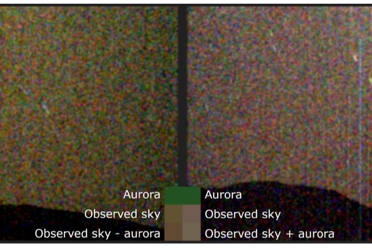 Citra cahaya tampak pertama dari aurora hijau di Mars (kiri), diambil oleh instrumen Mastcam-Z pada wahana penjelajah Perseverance Mars milik NASA. Di sebelah kanan adalah citra perbandingan langit malam Mars tanpa aurora tetapi menampilkan bulan Mars, Deimos.