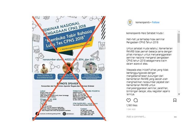 Kementerian PAN-RB mengklarifikasi soal seminar pengadaan CPNS. Kementerian menyatakan, kementerian tidak pernah bekerja sama dengan pihak manapun untuk menyelenggarakan seminar nasional mengenai pengadaan CPNS tahun 2018.