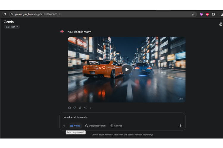 Gemini Veo 3 Fast (preview) yang KompasTekno jajal, hanya membutuhkan waktu 1-2 menit untuk membuat satu video berdurasi 8 dengan gaya sinematik, lengkap dengan efek suara dan visual yang imersif. 
