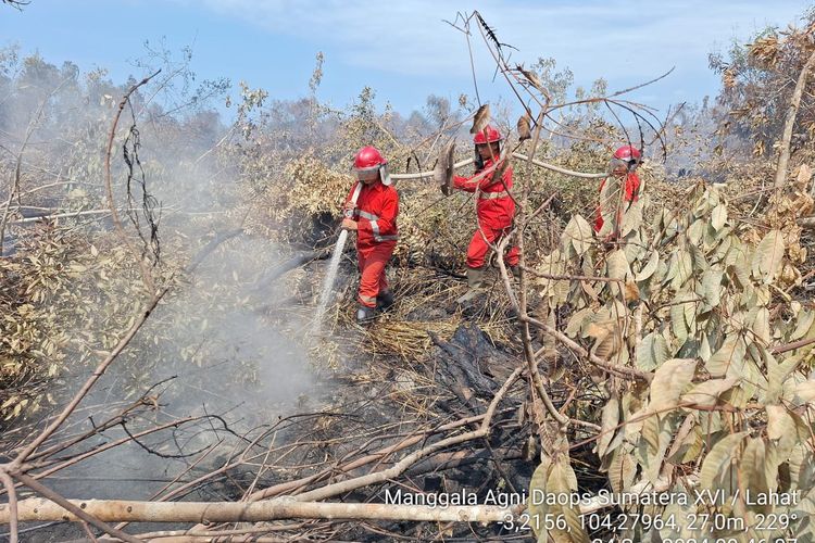 Kondisi kebakaran lahan yang berada di Sungai Rotan, Kabupaten Muara Enim, Sumatera Selatan masih dalam proses pemadaman, Selasa (24/9/2024). Akibat keakaran tersebut, bau asap pun menyengat hingga ke Palembang.