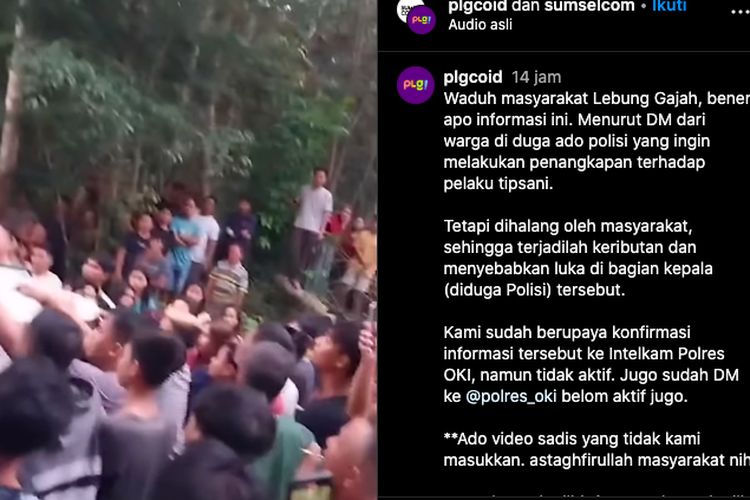Tangkapan layar instagram warga mengepung mobil polisi yang melakukan penangkapan terhadap komplotan pelaku penipuan online di Kabupaten Ogan Komering Ilir (OKI), Sumatera Selatan.