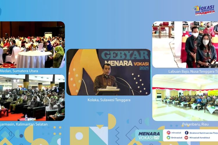 Ditjen Pendidikan Vokasi menggelar Gebyar Menara Vokasi Tahun 2021 yang dilaksanakan serentak di lima wilayah, yaitu Medan (Sumatera Utara), Pekanbaru (Riau), Banjarmasin (Kalimantan Selatan), Labuan Bajo (Nusa Tenggara Timur) dan Kolaka (Sulawesi Tenggara) pada 7 Desember 2021.