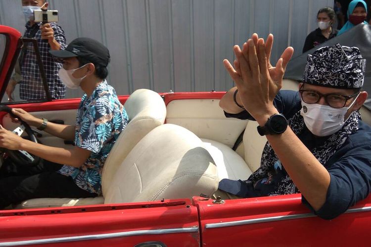 Indonesia's Minister of Tourism and Creative Economy Sandiaga Uno gesturing with his hands during a work visit to Pangandaran regency in West Java on Wednesday, October 13, 2021. 