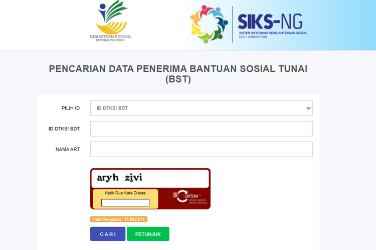 Tangkapan layar situs https://cekbansos.siks.kemsos.go.id/.