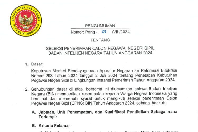 Syarat dan Formasi CPNS BIN 2024, Ada untuk Lulusan SMA