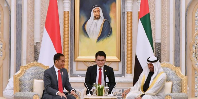 President Joko Widodo (left) holds a bilateral meeting with Sheikh Mohammed bin Zayed Al Nahyan (right), crown prince of Abu Dhabi and deputy supreme commander of the UAE Armed Forces in Qasr Al Watan in Abu Dhabi on January 12, 2020. 