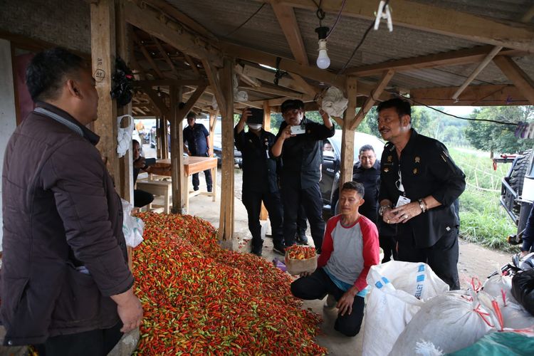 Menteri Pertanian (Mentan) Syahrul Yasin Limpo (SYL) saat menghadiri acara panen cabai di Desa Sukawangi, Kecamatan Pamulihan, Kabupaten Sumedang, Jawa Barat, Sabtu (2/7/2022).
