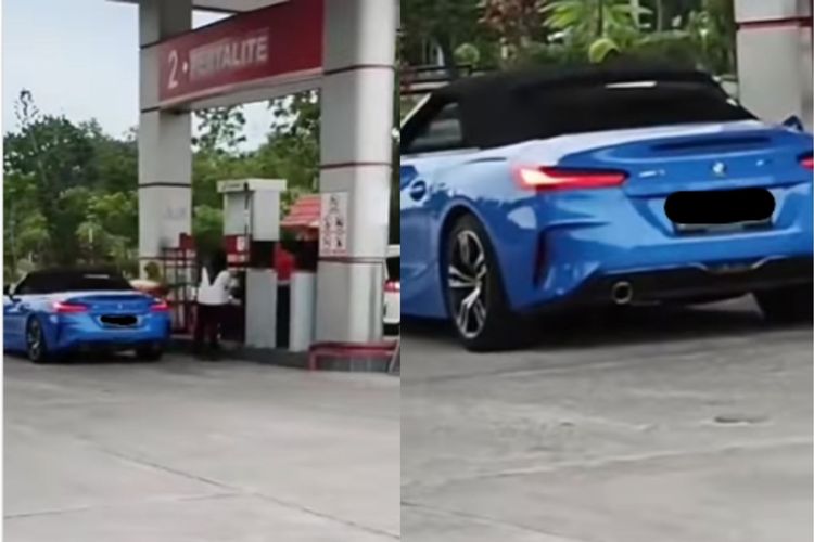 Tangkapan layar video viral yang memperlihatkan mobil mewah diduga diisi Pertalite