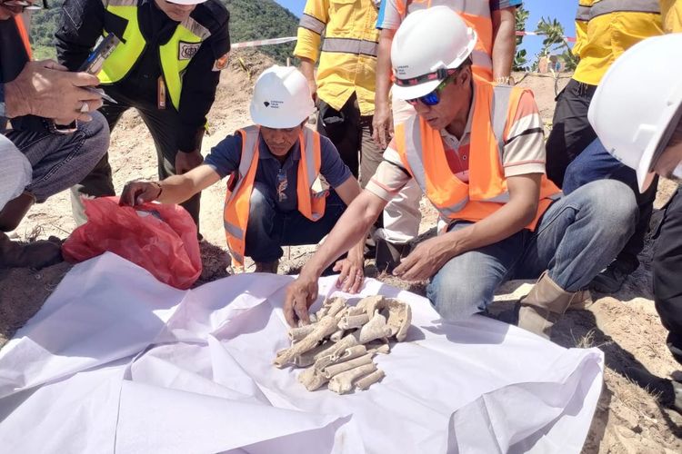 Pekerja tambang emas PT. STM saat proses penguburan kembali temuan tengkorak dan tulang belulang manusia di area tambang di Kecamatan Huu, Kabupaten Dompu, Selasa (18/6/2024).