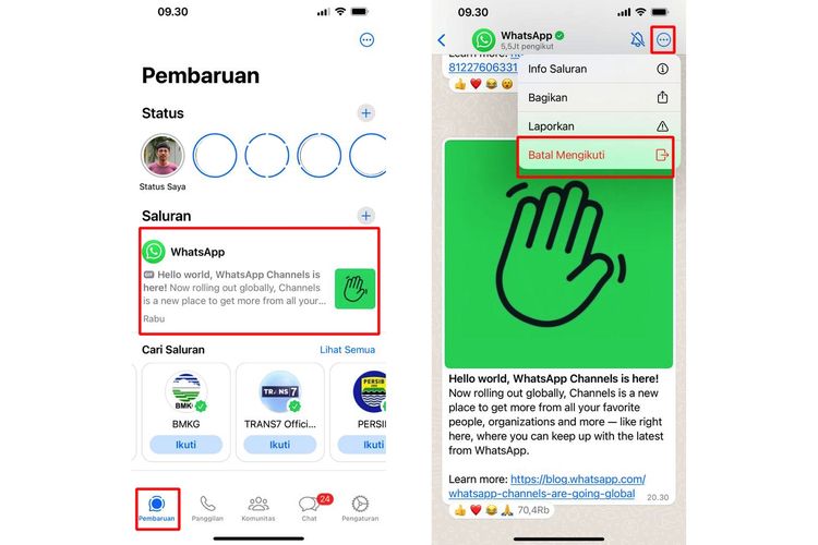 Ilustrasi cara menghapus saluran WhatsApp untuk mengembalikan tampilan status WA.