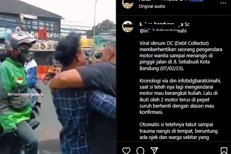 Unggahan video bernarasi oknum debt collector atau DC memberhentikan pengendara motor perempuan di Kota Bandung viral di media sosial.