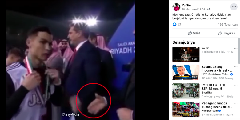 Tangkapan layar unggahan di Facebook yang menarasikan bahwa Christiano Ronaldo tak mau bersalaman dengan Presiden Israel