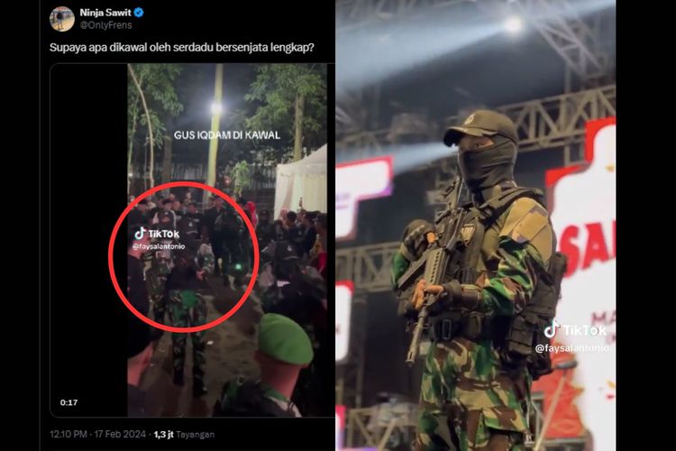 Tangkapan layar video prajurit TNI membawa senjata laras panjang ketika mengawal Gus Iqdam di Blitar, Jawa Timur pada Jumat (16/2/2024).