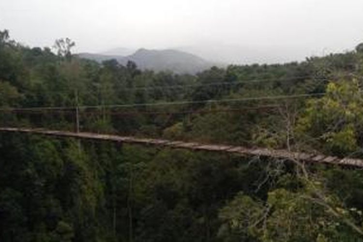 Jembatan Gantung Lau Hulung di Deli Serdang, Sumatera Utara. Berketinggian 150 meter, di bawahnya jurang, hanya bertumpu pada tali tambang. 
