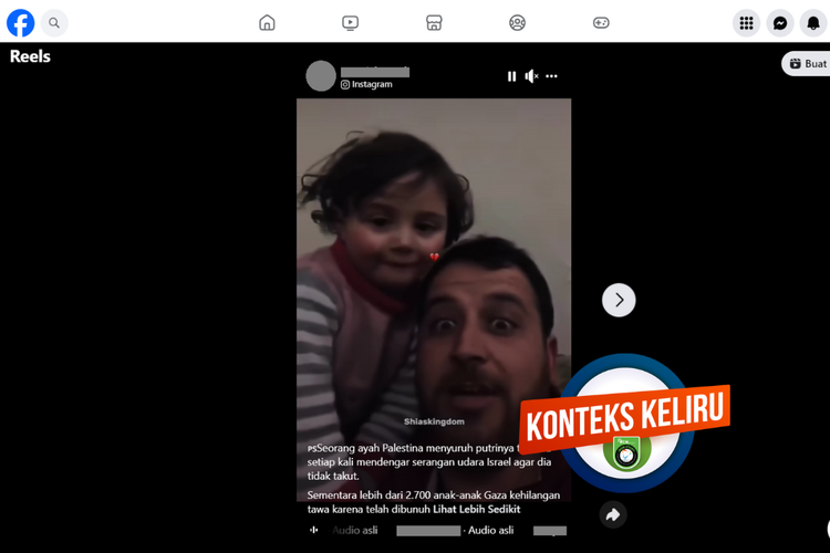 Tangkapan layar unggahan dengan konteks keliru di sebuah akun Facebook, Jumat (27/10/2023), soal video ayah menyuruh putrinya di Palestina tertawa saat serangan Israel.