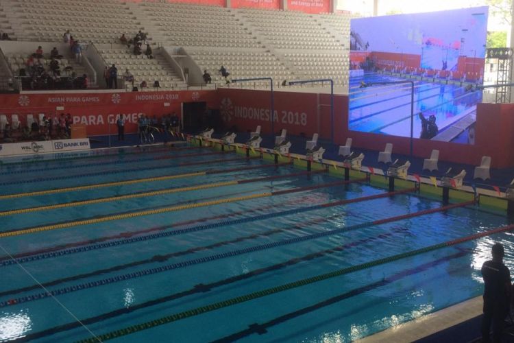 Lokasi pertandingan para swimming Asian Para Games 2018 nomor gaya bebas putri 200 meter (S14), di Stadion Akuatik, Kompleks GBK Jakarta (7/10/2018).