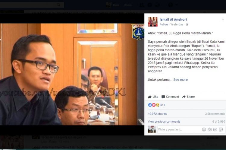 Staf Gubernur DKI nonaktif Basuki Tjahaja Purnama (Ahok), Ismail Al Anshori menceritakan pengalamannya menyisir APBD DKI di akun Facebook-nya.
