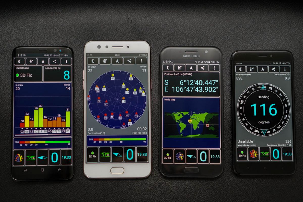 Software GPS Test digunakan untuk mengukur kinerja GPS di empat ponsel, yakni Samsung Galaxy S8 (paling kiri), Oppo F3 (kedua dari kiri), Xiaomi Redmi 4x (paling kanan), dan Galaxy A5 2017. 