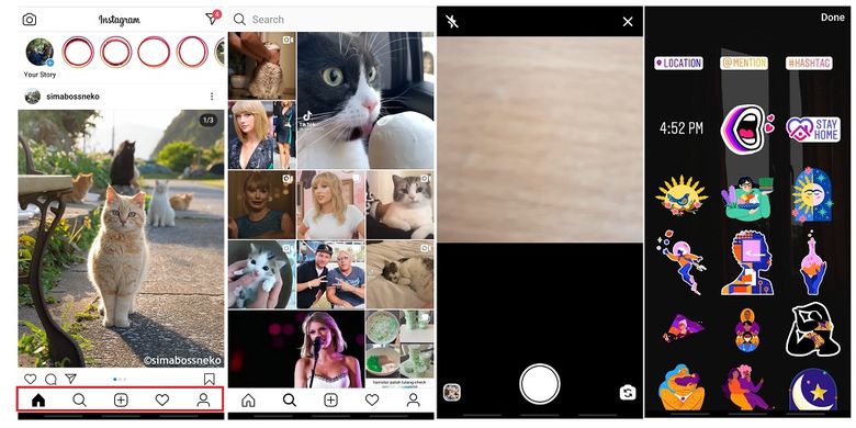 (ki-ka) Tampilan beranda, eksplor, post, dan Instagram Story di Instagram Lite.