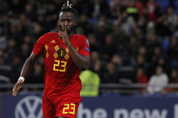 Belgiums forward Michy Batshuayi celebrates after scoring a goal during the Euro 2020 football qualification match between Kazakhstan and Belgium in Nur-Sultan on October 13, 2019. (Photo by stringer / AFP)