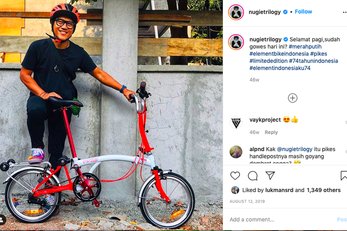 Musisi Nugie bersama sepeda miliknya, Element Pikes 16 inch berwarna merah-putih.