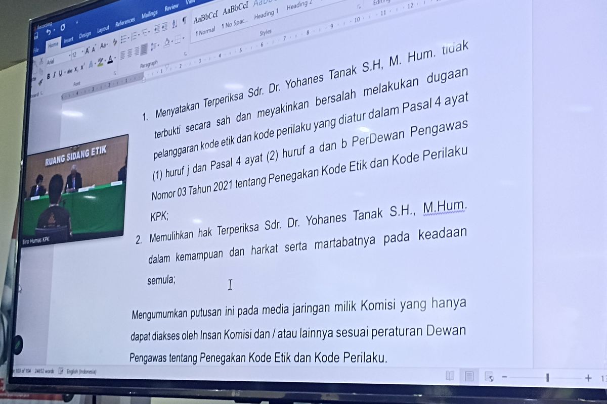 Dewan Pengawas (Dewas) KPK menyatakan Wakil Ketua KPK Johanis Tanak tidak terbukti melanggar ketentuan kode etik dan perilaku karena berhubungan dengan Kabiro Hukum Kementerian ESDM, M Idris Froyoto Sihite, Kamis (21/9/2023).