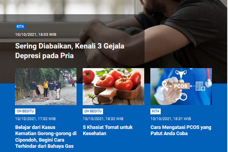 Tangkapan layar berita populer Sains sepanjang Minggu (10/10/2021) hingga Senin (11/10/2021). Mulai dari gejala depresi pada pria yang sering diabaikan hingga cara mengatasi PCOS.
