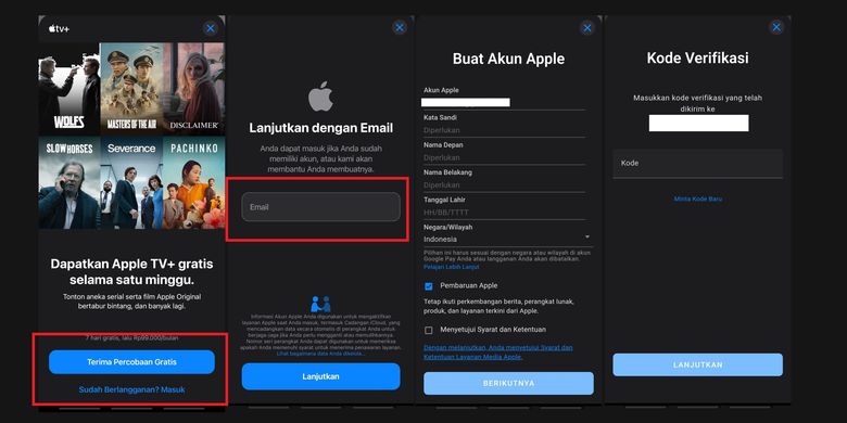 Cara mendaftar akun Apple di perangkat Android untuk mengakses Apple TV.