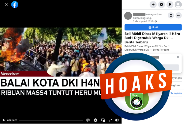 Tangkapan layar unggahan dengan narasi hoaks di sebuah akun Facebook, Senin (6/3/2023), soal video mobil dinas Heru Budi diserbu warga DKI Jakarta.
