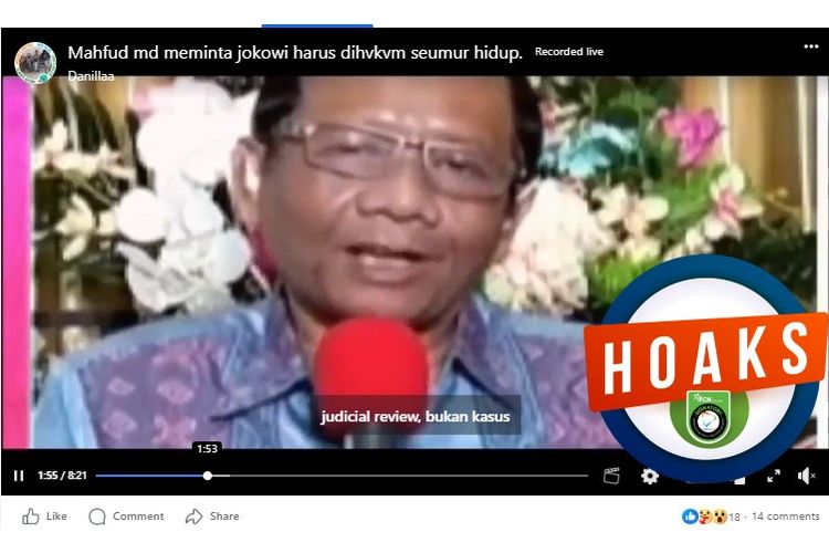 Tangkapan layar Facebook narasi yang menyebut Mahfud MD meminta agar Jokowi dihukum seumur hidup