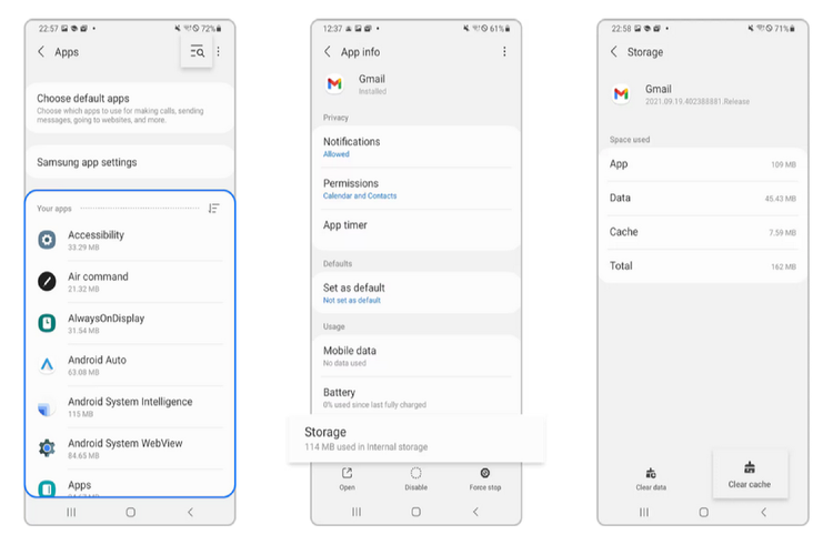 Ilustrasi cara menghapus cache di HP Samsung untuk tiap aplikasi.