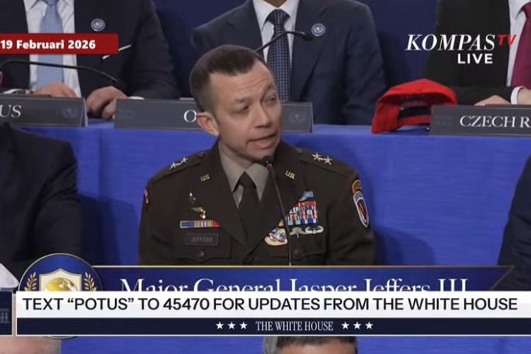 Komandan International Stabilization Force (ISF) Mayor Jenderal Jasper Jeffers III dalam KTT Dewan Perdamaian (Board of Peace/BoP) di Donald J. Trump US Institute of Peace di Washington DC, Amerika Serikat, Kamis (19/2/2026) waktu setempat.