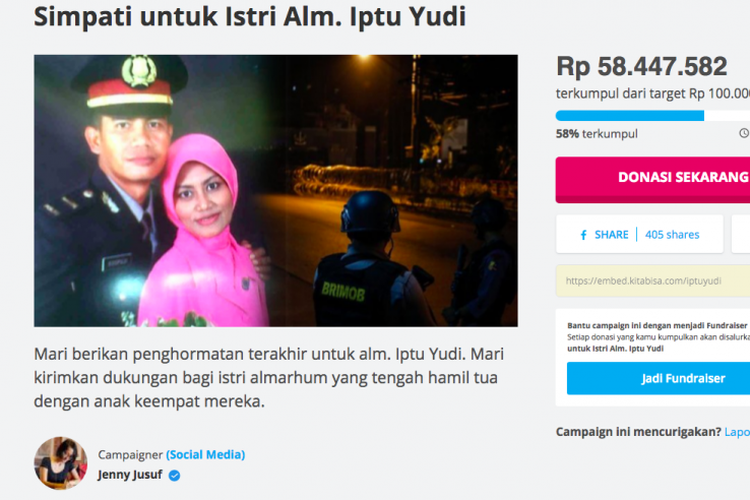 Simpati untuk Istri Alm. Iptu Yudi yang digalang melalui Kitabisa.com. 