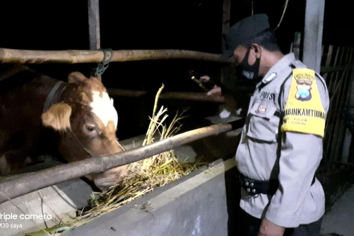 Personel Bhabinkamtibmas dari Polres Blitar melakukan kegiatan edukasi wabah penyakit mulut dan kaki hewan ternak sapi kepada warga di pedesaan Kabupaten Blitar, Kamis (12/5/2022)
