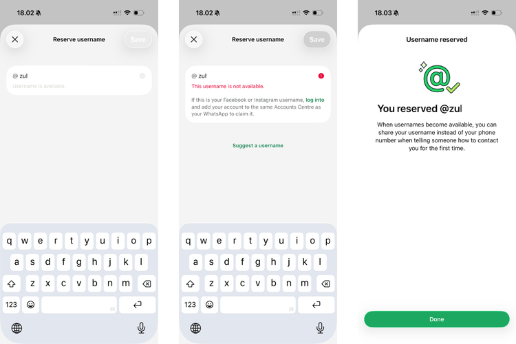 Cara membuat username WhatsApp. Jika username tersedia maka muncul status Username is available dan sebaliknya.