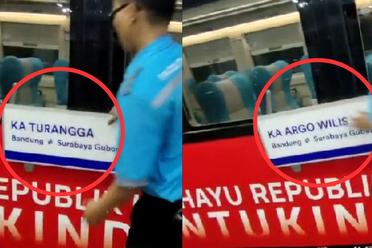 Tangkapan layar video petugas KAI membalik papan nama KA Turangga menjadi KA Argo Wilis.