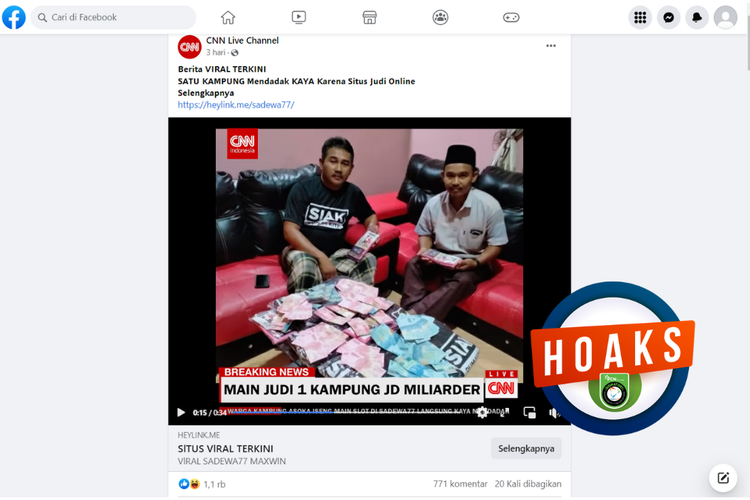 Tangkapan layar konten hoaks di sebuah akun Facebook menyerupai pemberitaan CNN yang menginformasikan satu kampung kaya mendadak karena judi online, Sabtu (2/9/2023).