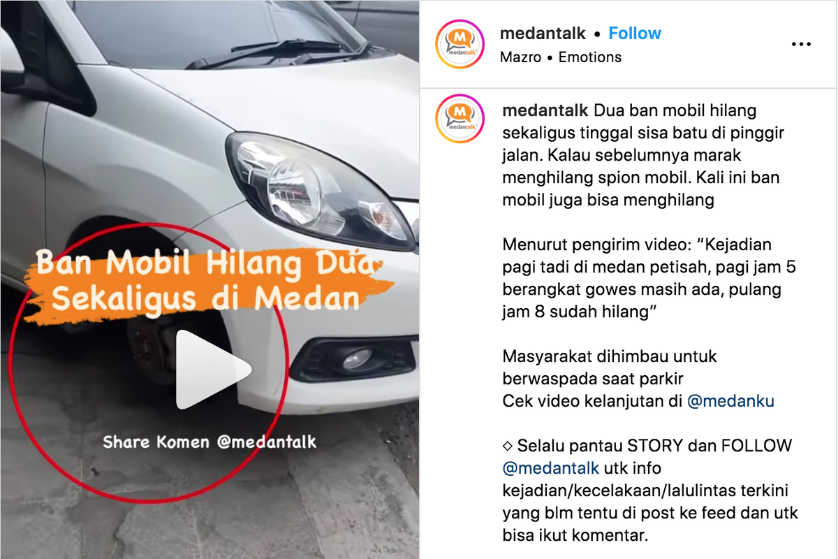 Waspada, Marak Aksi Pencurian Ban dan Pelek Mobil di Kota Medan