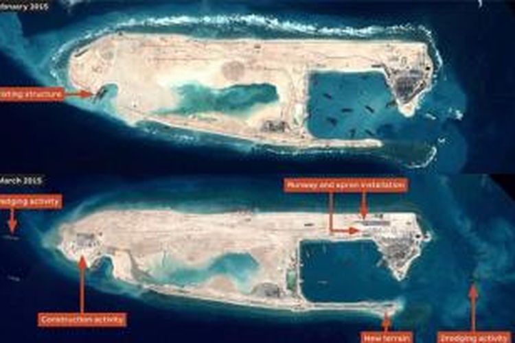 Dalam dua foto satelit ini diperlihatkan kecepatan pembangunan landasan pacu yang dilakukan China di pulau karang Fiery Cross di wilayah sengketa Laut China Selatan.