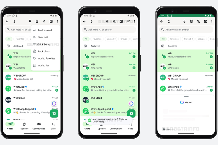 Tangkapan layar (screenshot) tampilan fitur Quick Chat Recaps WhatsApp (WA) yang ditemukan WABetaInfo. Fitur ini memungkinkan pengguna merangkum hingga lima obrolan percakapan (chats) sekaligus.