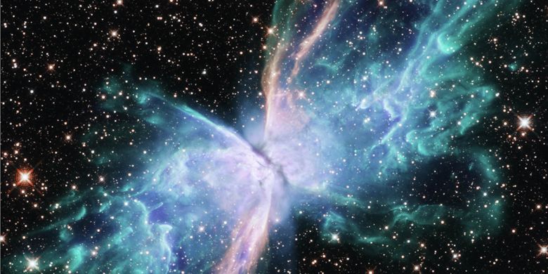 Pencitraan teleskop Nasa Hubble, wujud spektrum cahaya dari NGC 6302 atau yang dikenal sebagai Nebula Kupu-kupu. Nebula dari bintang yang mengakhiri hidupnya yang dikenal sebagai peristiwa supernova atau ledakan bintang.