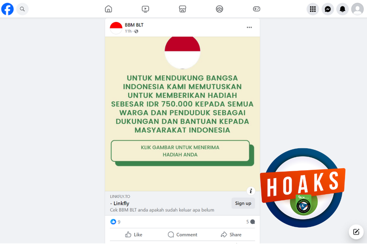 Tangkapan layar konten hoaks di sebuah akun Facebook, Senin (26/2/2023), soal link BLT BBM sebesar Rp 750.000.