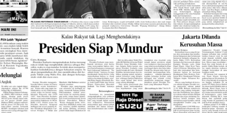 Judul utama Harian Kompas terbitan Kamis 14 Mei 1998.